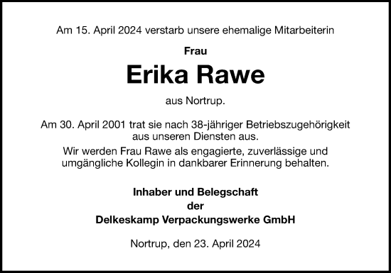 Traueranzeige von Erika Rawe von Neue Osnabrücker Zeitung GmbH & Co. KG