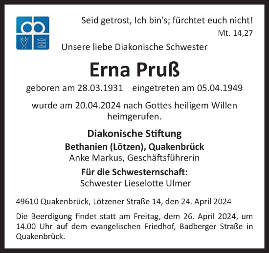 Traueranzeige von Erna Pruß von Neue Osnabrücker Zeitung GmbH & Co. KG