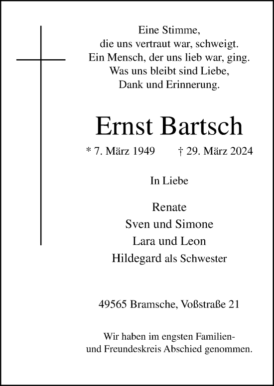 Traueranzeige von Ernst Bartsch von Neue Osnabrücker Zeitung GmbH & Co. KG