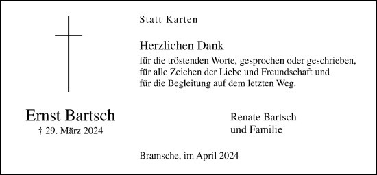 Traueranzeige von Ernst Bartsch von Neue Osnabrücker Zeitung GmbH & Co. KG