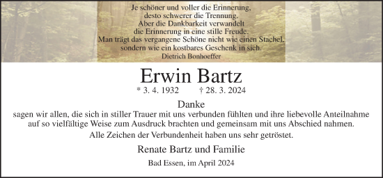 Traueranzeige von Erwin Bartz von Neue Osnabrücker Zeitung GmbH & Co. KG