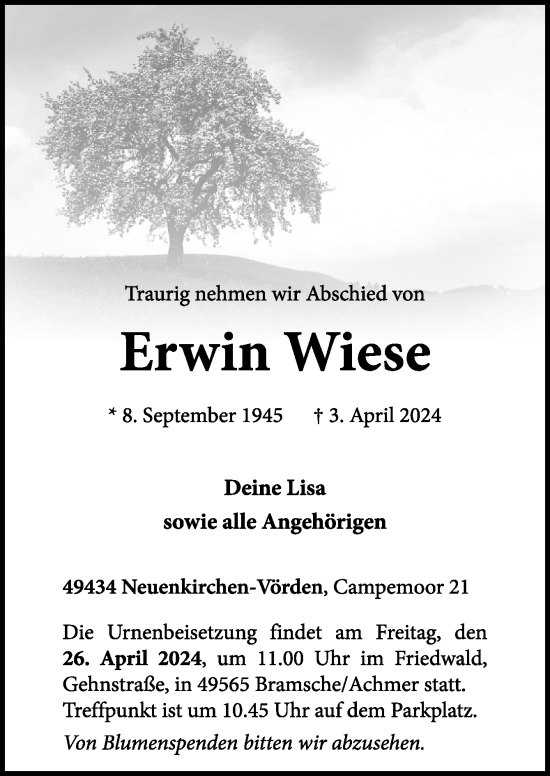 Traueranzeige von Erwin Wiese von Neue Osnabrücker Zeitung GmbH & Co. KG