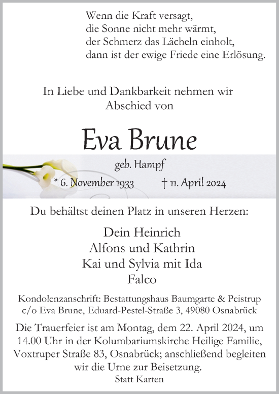 Traueranzeige von Eva Brune von Neue Osnabrücker Zeitung GmbH & Co. KG