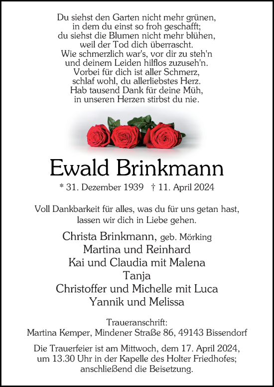 Traueranzeige von Ewald Brinkmann von Neue Osnabrücker Zeitung GmbH & Co. KG