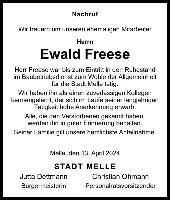 Traueranzeige von Ewald Freese von Neue Osnabrücker Zeitung GmbH & Co. KG