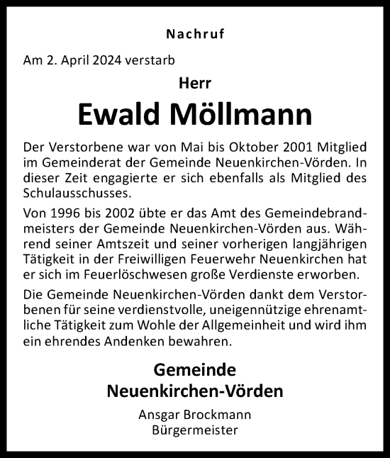 Traueranzeige von Ewald Möllmann von Neue Osnabrücker Zeitung GmbH & Co. KG