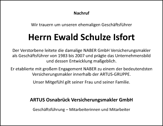 Traueranzeige von Ewald Schulze Isfort von Neue Osnabrücker Zeitung GmbH & Co. KG
