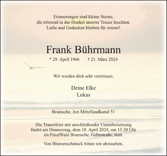 Traueranzeige von Frank Bührmann von Neue Osnabrücker Zeitung GmbH & Co. KG