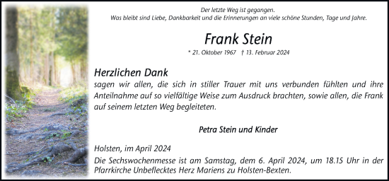 Traueranzeige von Frank Stein von Neue Osnabrücker Zeitung GmbH & Co. KG