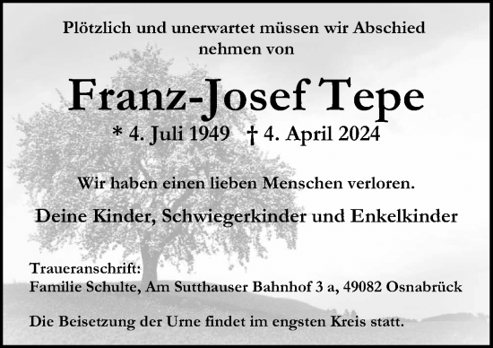 Traueranzeige von Franz-Josef Tepe von Neue Osnabrücker Zeitung GmbH & Co. KG