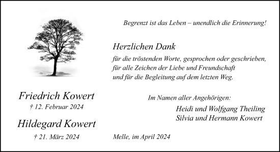Traueranzeige von Friedrich und Hildegard Kowert von Neue Osnabrücker Zeitung GmbH & Co. KG