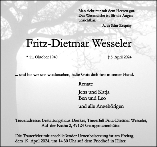 Traueranzeige von Fritz-Dietmar Wesseler von Neue Osnabrücker Zeitung GmbH & Co. KG