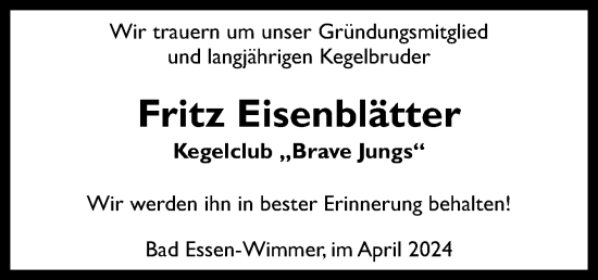 Traueranzeige von Fritz Eisenblätter von Neue Osnabrücker Zeitung GmbH & Co. KG