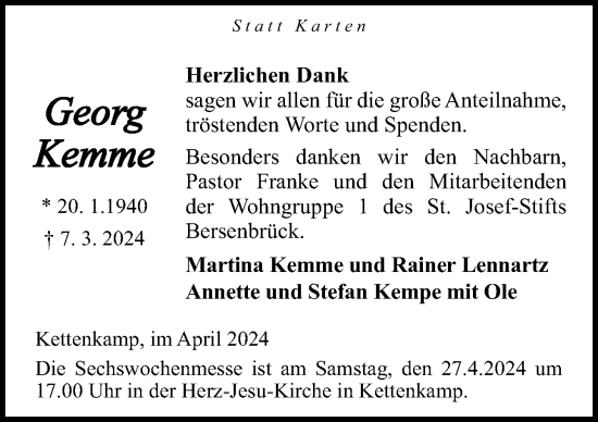 Traueranzeige von Georg Kemme von Neue Osnabrücker Zeitung GmbH & Co. KG