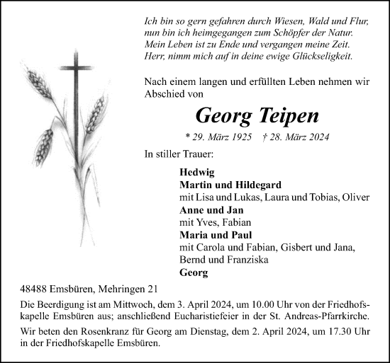 Traueranzeige von Georg Teipen von Neue Osnabrücker Zeitung GmbH & Co. KG