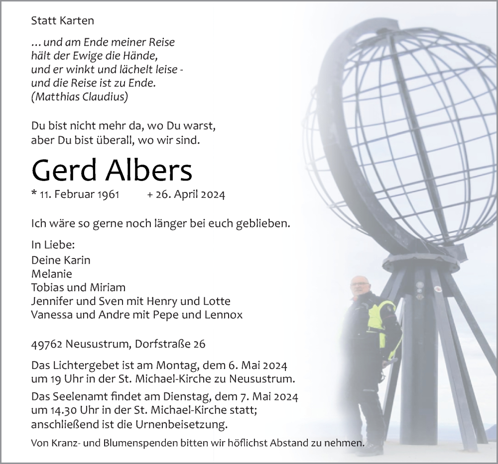  Traueranzeige für Gerd Albers vom 29.04.2024 aus Neue Osnabrücker Zeitung GmbH & Co. KG