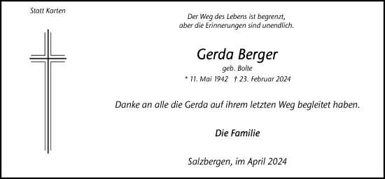 Traueranzeige von Gerda Berger von Neue Osnabrücker Zeitung GmbH & Co. KG