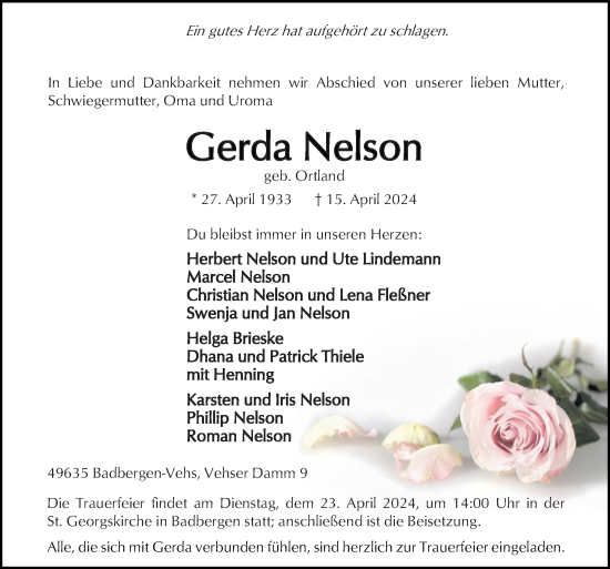 Traueranzeige von Gerda Nelson von Neue Osnabrücker Zeitung GmbH & Co. KG
