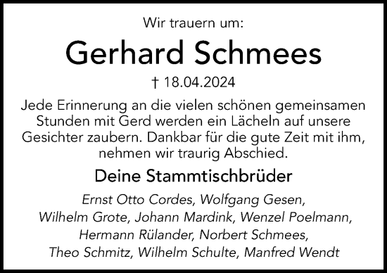 Traueranzeige von Gerhard Schmees von Neue Osnabrücker Zeitung GmbH & Co. KG