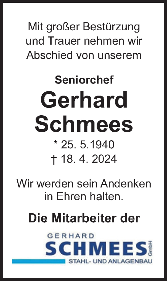 Traueranzeige von Gerhard Schmees von Neue Osnabrücker Zeitung GmbH & Co. KG