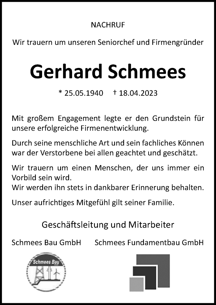  Traueranzeige für Gerhard Schmees vom 24.04.2024 aus Neue Osnabrücker Zeitung GmbH & Co. KG