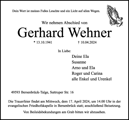 Traueranzeige von Gerhard Wehner von Neue Osnabrücker Zeitung GmbH & Co. KG