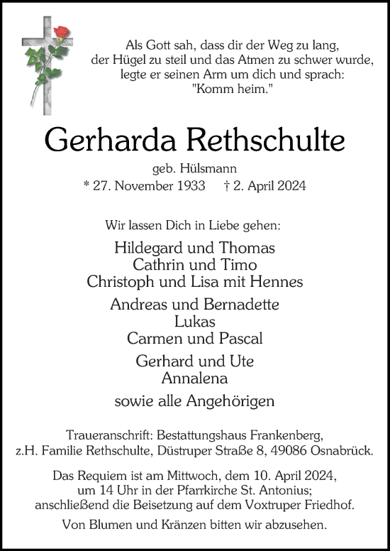 Traueranzeige von Gerharda Rethschulte von Neue Osnabrücker Zeitung GmbH & Co. KG