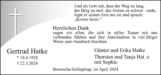 Traueranzeige von Gertrud Hatke von Neue Osnabrücker Zeitung GmbH & Co. KG