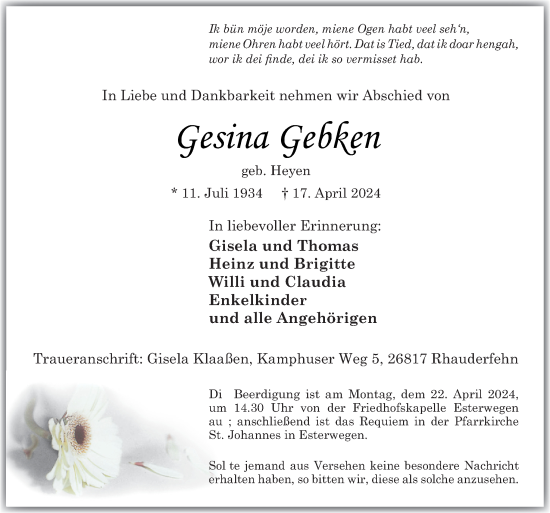 Traueranzeige von Gesina geben von Neue Osnabrücker Zeitung GmbH & Co. KG