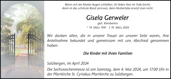 Traueranzeige von Gisela Gerweler von Neue Osnabrücker Zeitung GmbH & Co. KG