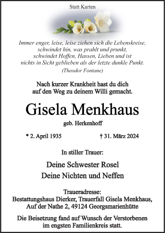 Traueranzeige von Gisela Menkhaus von Neue Osnabrücker Zeitung GmbH & Co. KG