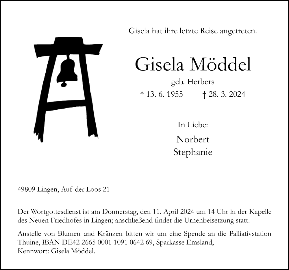  Traueranzeige für Gisela Möddel vom 06.04.2024 aus Neue Osnabrücker Zeitung GmbH & Co. KG