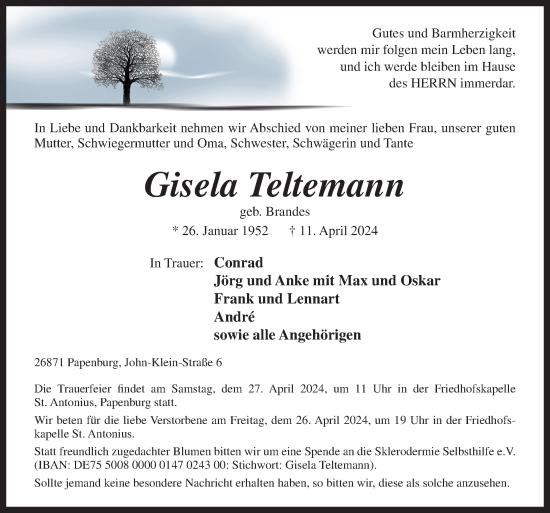 Traueranzeige von Gisela Teltemann von Neue Osnabrücker Zeitung GmbH & Co. KG