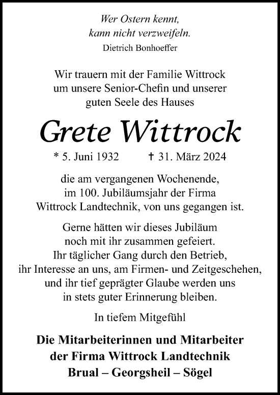 Traueranzeige von Grete Wittrock von Neue Osnabrücker Zeitung GmbH & Co. KG