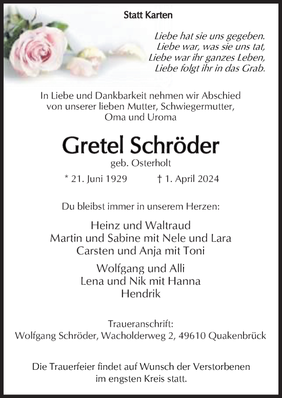 Traueranzeige von Gretel Schröder von Neue Osnabrücker Zeitung GmbH & Co. KG