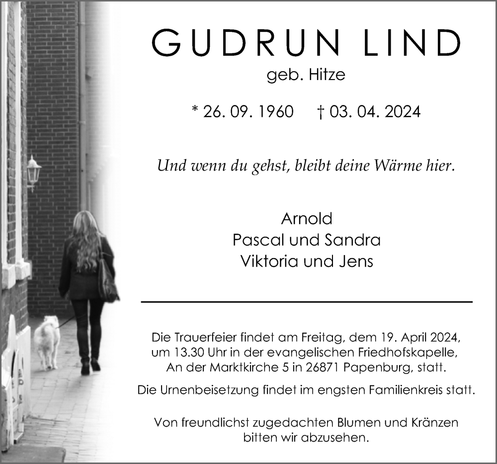  Traueranzeige für Gudrun Lind vom 13.04.2024 aus Neue Osnabrücker Zeitung GmbH & Co. KG