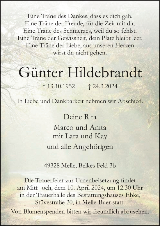 Traueranzeige von Günter Hildebrandt von Neue Osnabrücker Zeitung GmbH & Co. KG