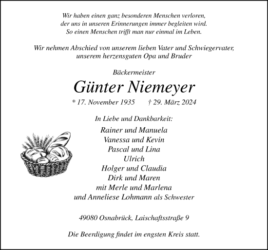 Traueranzeige von Günter Niemeyer von Neue Osnabrücker Zeitung GmbH & Co. KG