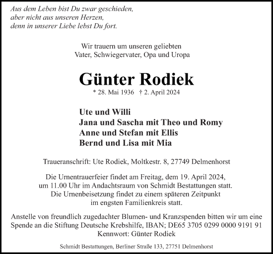 Traueranzeige von Günter Rodiek von DK Medien GmbH & Co. KG