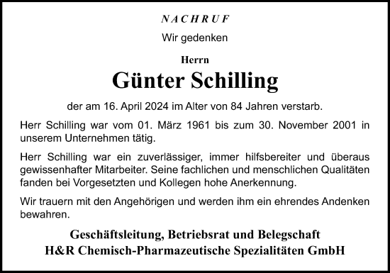 Traueranzeige von Günter Schilling von Neue Osnabrücker Zeitung GmbH & Co. KG