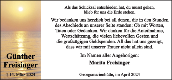 Traueranzeige von Günther Freisinger von Neue Osnabrücker Zeitung GmbH & Co. KG
