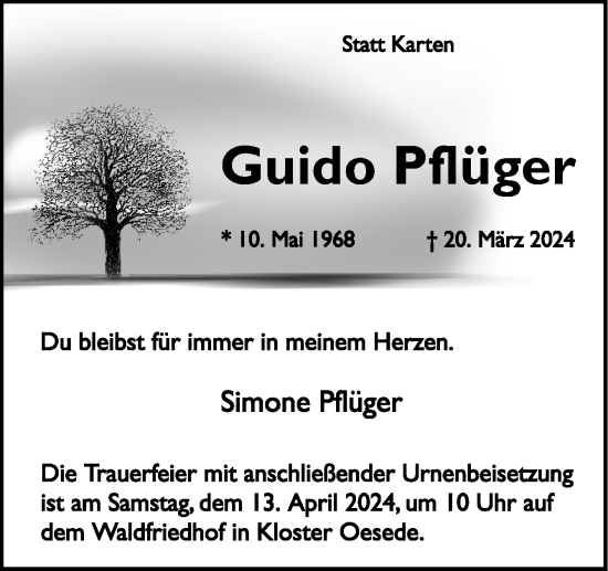 Traueranzeige von Guido Pflüger von Neue Osnabrücker Zeitung GmbH & Co. KG