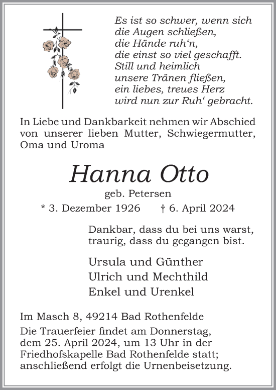 Traueranzeige von Hanna Otto von Neue Osnabrücker Zeitung GmbH & Co. KG