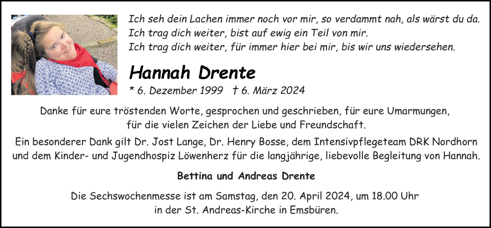  Traueranzeige für Hannah Drente vom 17.04.2024 aus Neue Osnabrücker Zeitung GmbH & Co. KG