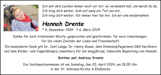 Traueranzeige von Hannah Drente von Neue Osnabrücker Zeitung GmbH & Co. KG