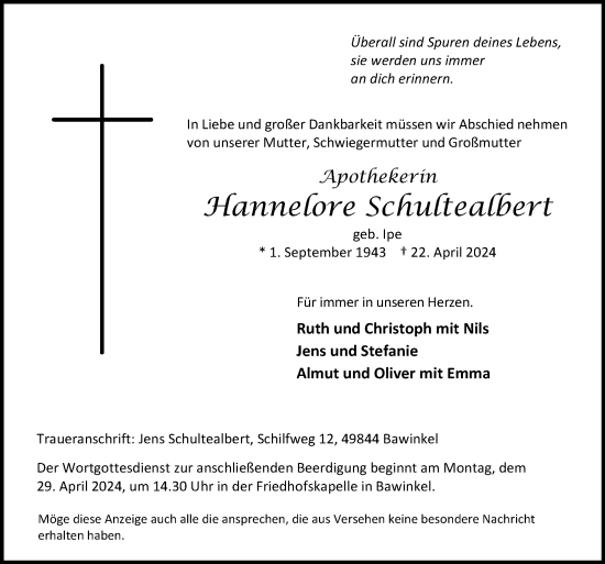 Traueranzeige von Hannelore Schultealbert von Neue Osnabrücker Zeitung GmbH & Co. KG