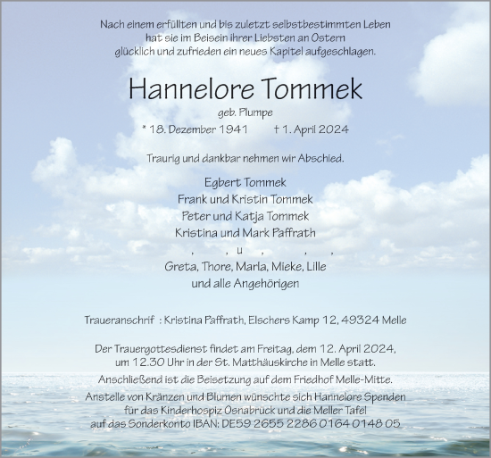 Traueranzeige von Hannelore Tommek von Neue Osnabrücker Zeitung GmbH & Co. KG