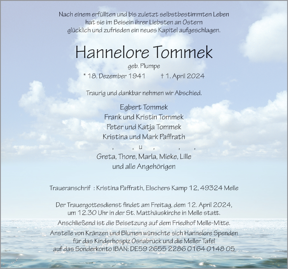  Traueranzeige für Hannelore Tommek vom 06.04.2024 aus Neue Osnabrücker Zeitung GmbH & Co. KG