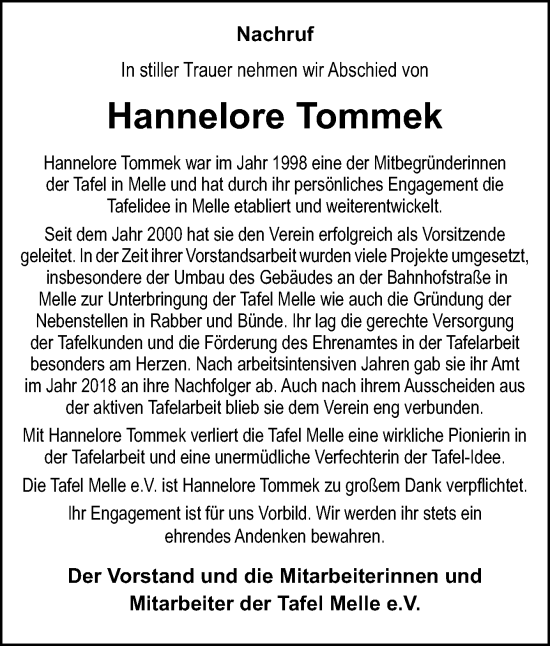 Traueranzeige von Hannelore Tommek von Neue Osnabrücker Zeitung GmbH & Co. KG