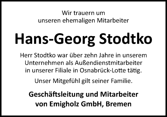 Traueranzeige von Hans-Georg Stodtko von Neue Osnabrücker Zeitung GmbH & Co. KG